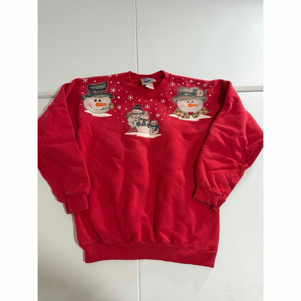 Hanes Vintage Style Snowman Christmas Sweatshirt Womens Small Red Glitter